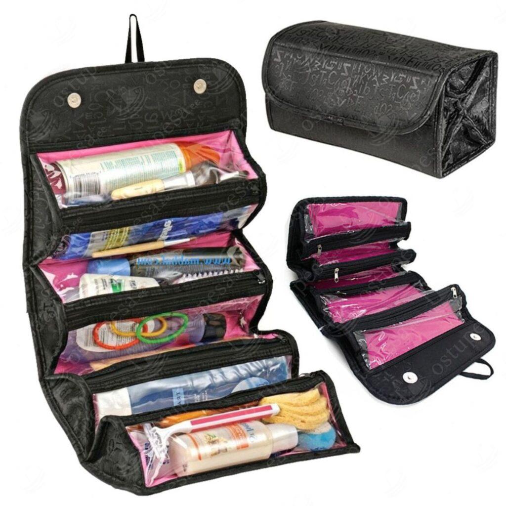 Kokkuvolditav kosmeetikakott, 4 kambriga, must