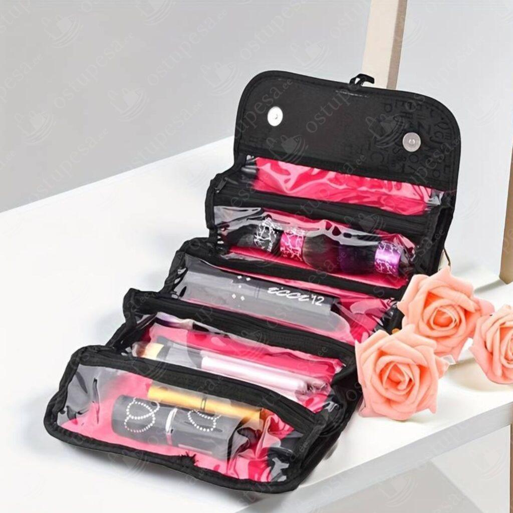 Kokkuvolditav kosmeetikakott, 4 kambriga, must